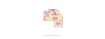A diagram shows the layout of a living space with a bath, a living area, and a kitchen.
