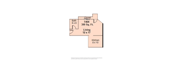 A floor plan shows a living area of 12 by 17, a kitchen area of 8 by 10, and a bathroom area of 6 by 8.