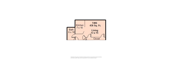 A diagram of a room layout with a kitchen, bath, living area, and closet.