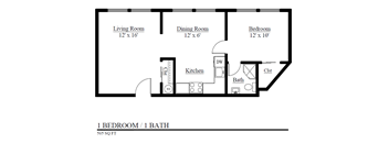 A floor plan of a one bedroom apartment with a bath.