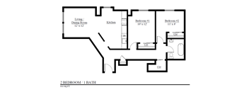 A floor plan of a 2 bedroom 1 bath house.