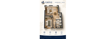 A floor plan for a one bedroom, one bathroom apartment at The Grove at Holly Park.