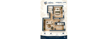 A floor plan of a one bedroom, one bathroom apartment at The Grove at Holly Park.