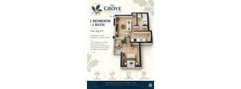 A floor plan for a property called The Grove at Holly Park showing a bedroom, bathroom, living room, kitchen, and patio/balcony.