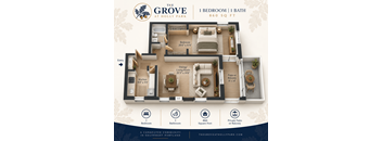 A floor plan of a one bedroom apartment at The Grove at Holly Park.