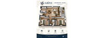 A floor plan for a 2 bedroom, 1 bath apartment at The Grove at Holly Park.