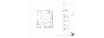 A diagram of a floor plan for a unit with a kitchen, living room, and bedrooms.