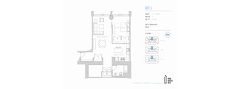 A diagram of a floor plan for a unit with a kitchen, living room, and bedrooms.