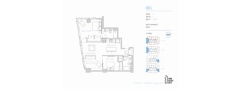 A floor plan of a unit with dimensions and a list of features.