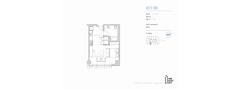 A floor plan for a unit at 7 Parr Mews West shows a studio apartment with one bed, one bath, and 673 square feet of living space.