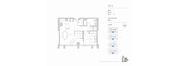 A floor plan for a unit shows a layout with two bedrooms, two bathrooms, and a living area.