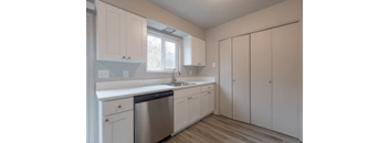 a kitchen with white cabinets and a stainless steel dishwasher