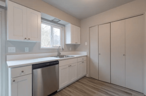 a kitchen with white cabinets and a stainless steel dishwasher