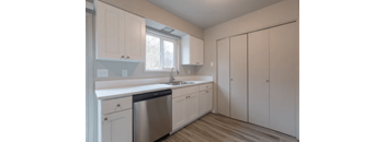 a kitchen with white cabinets and a stainless steel dishwasher