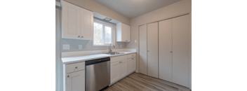 a kitchen with white cabinets and a stainless steel dishwasher