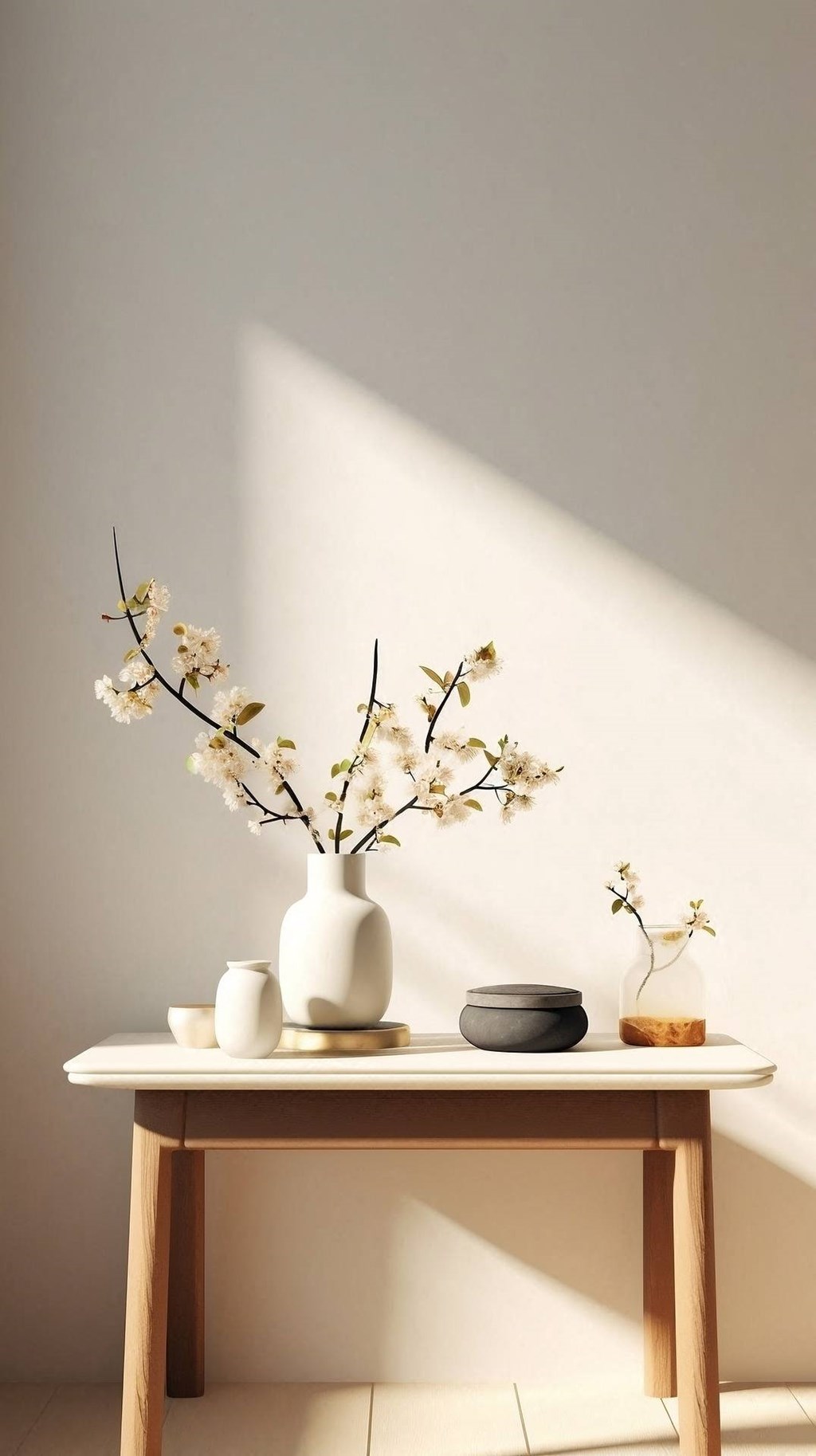 a table with a white vase and some flowers on it