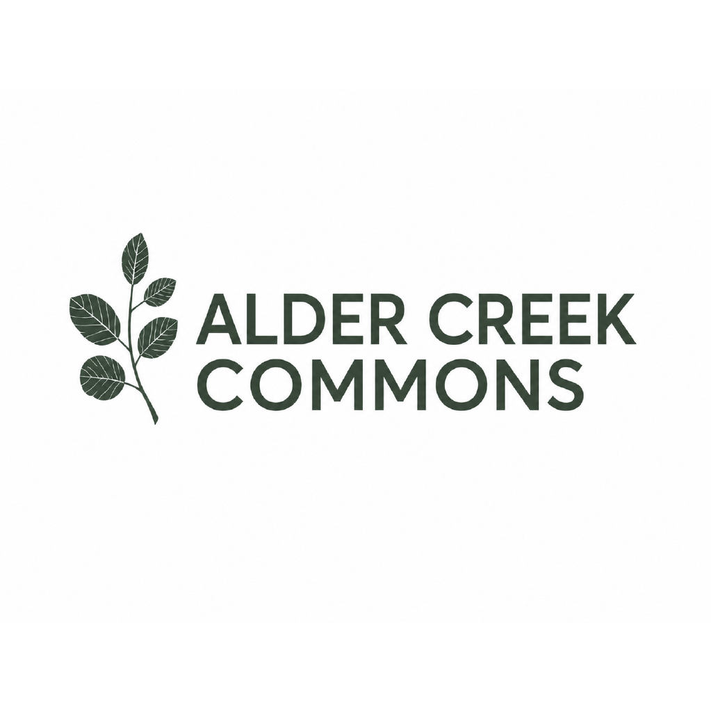 A logo with a branch and leaves and the words Alder Creek Commons.