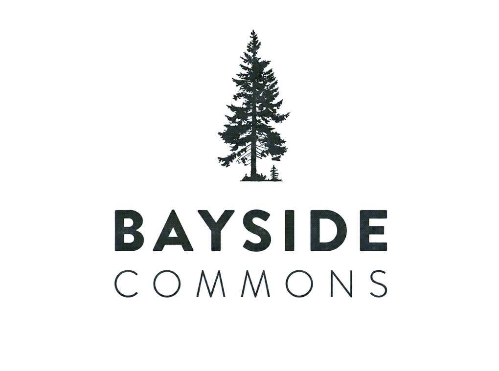 A logo with a pine tree and the words Bayside Commons.