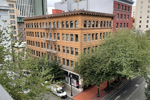 A large building with a red brick facade is surrounded by trees and other buildings.