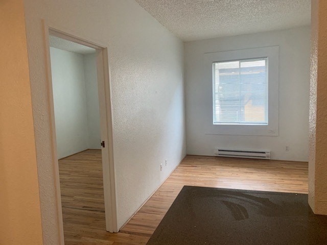 an empty room with a wood floor and a window