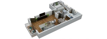 a 3d rendering of a bedroom and a living room