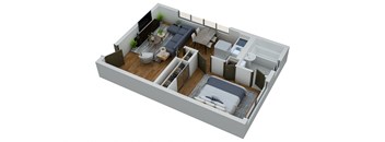 an overhead view of a bedroom and bathroomfloor plan
