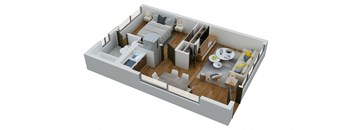 a 3d rendering of a bedroom with a kitchen and a living room