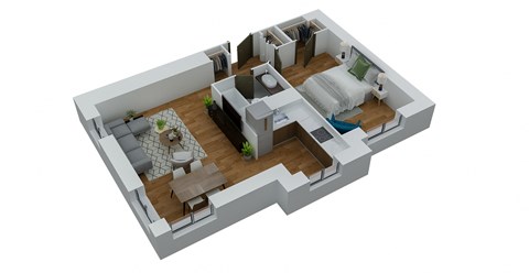 a 3d floor plan of a home with a bedroom and a living room