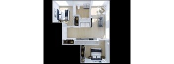 A top-down view of a small, neatly organized apartment.