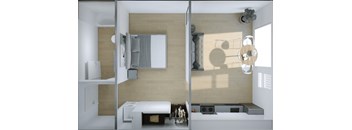 A modern kitchen with a white counter top and a white sink.
