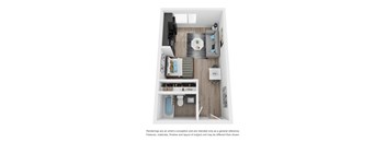 A small apartment with a kitchen, living room, and bathroom.