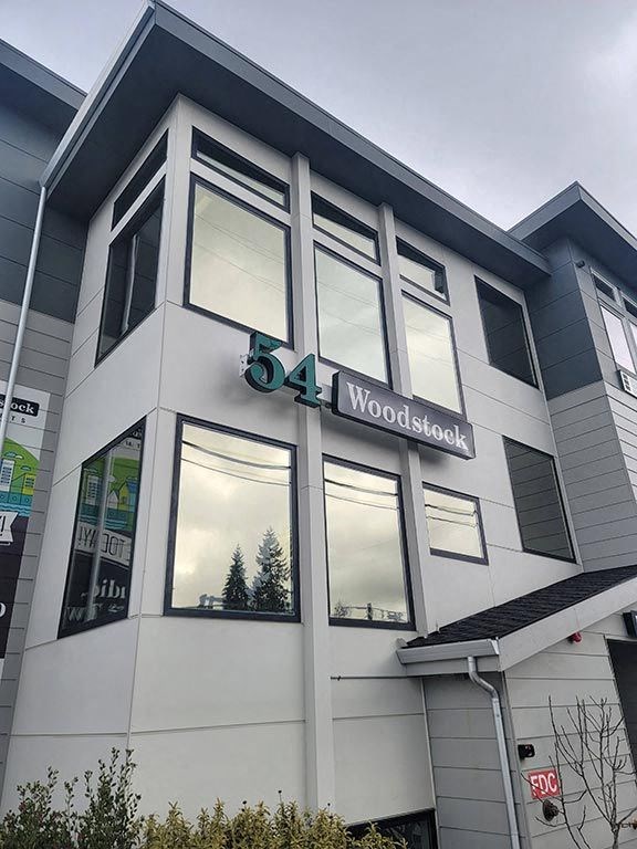 a building with a sign on the side of it