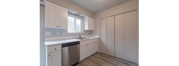 a kitchen with white cabinets and a silver dishwasher