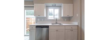 a kitchen with a sink a dishwasher and a window