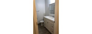 a bathroom with a toilet sink and mirror