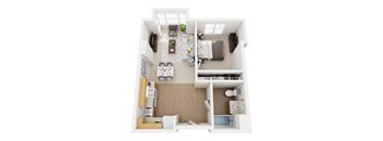 A top down view of a small apartment with a kitchen, living room, and bathroom.