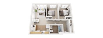 A top-down view of a small apartment with two bedrooms, a living room, and a kitchen.