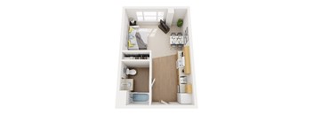 A top-down view of a small, neatly organized apartment with a kitchen, living room, and bathroom.