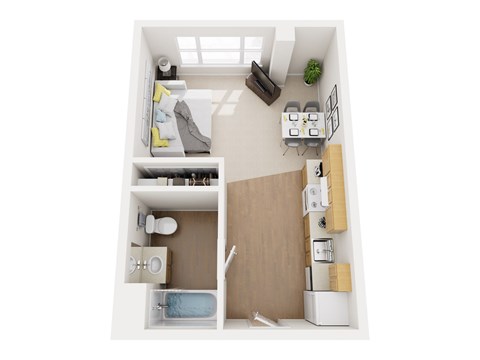 A top-down view of a small, neatly organized apartment with a kitchen, living room, and bathroom.