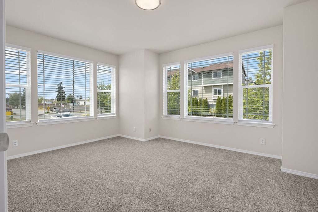 a bedroom with four windows and a carpeted floor