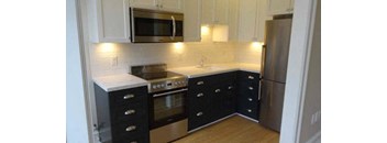 a kitchen with a stove a refrigerator and a microwave