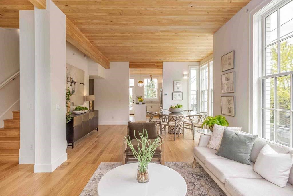 a living room with a couch and a table