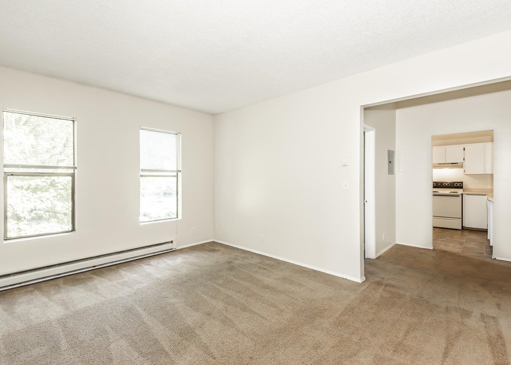 A room with a carpeted floor and two windows.