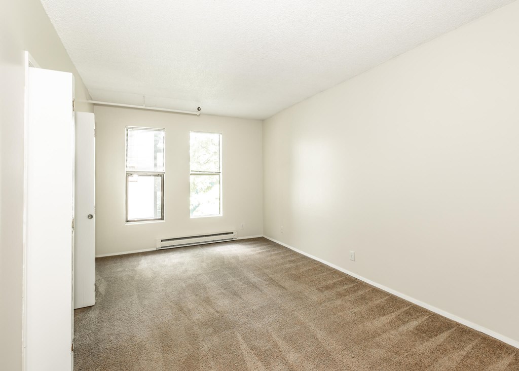 A room with a carpeted floor and two windows.