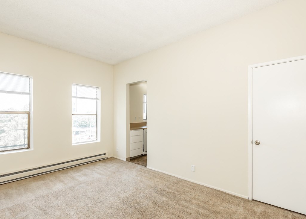 A room with a carpeted floor, a white door, and a window with a view of trees.