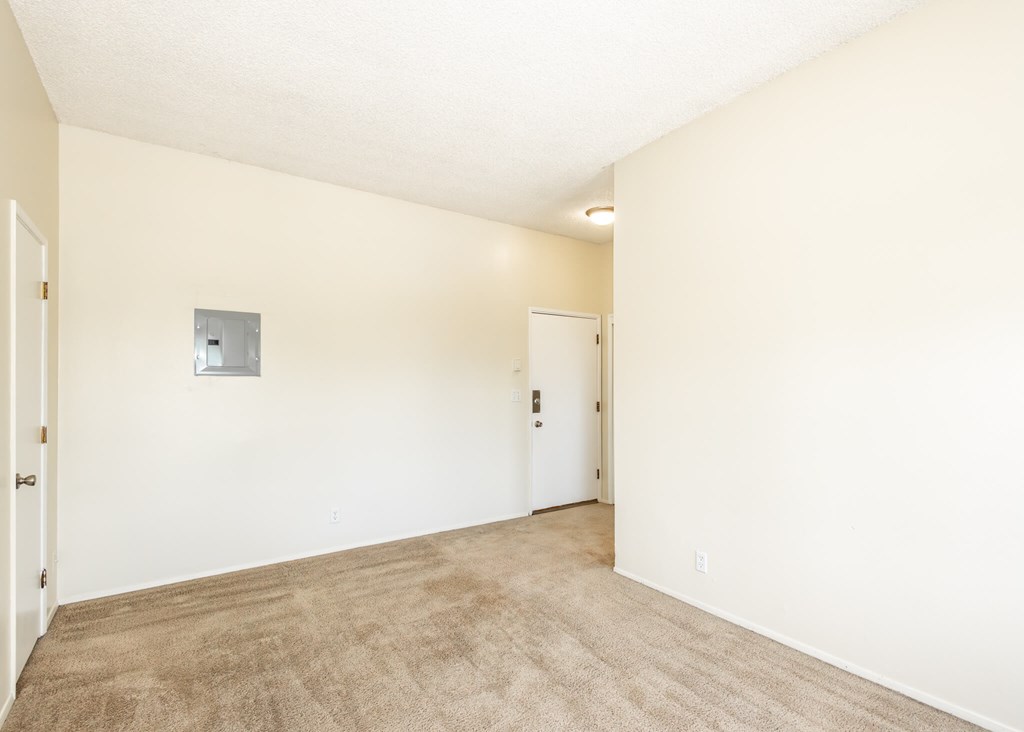 A room with a carpeted floor and two doors.