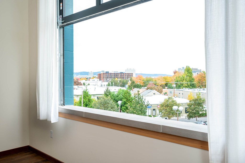 A window with a view of a cityscape and trees.