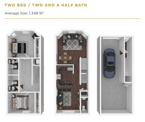 Three floor plans for a two bedroom, two and a half bath apartment.