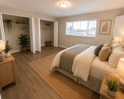 A bedroom with a large bed and a window overlooking a cityscape.