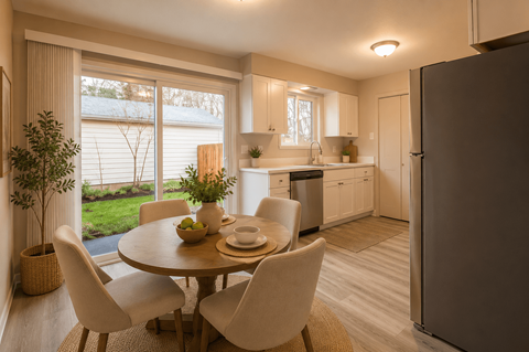 A kitchen with a table and chairs in front of a window.